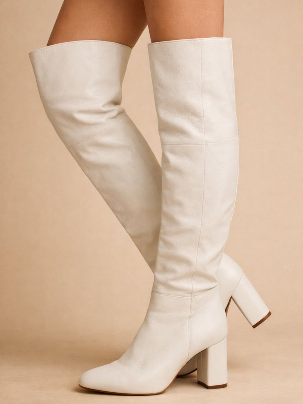 Leather Off-White Knee-High Block Heel Women's Boots